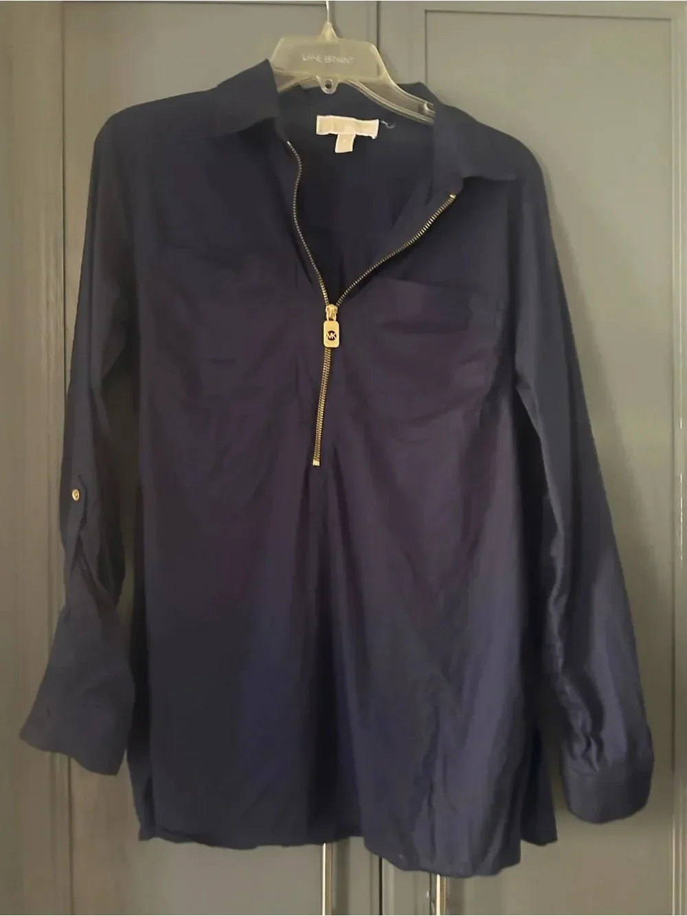 Michael Kors Navy Top with Gold MK Zipper M